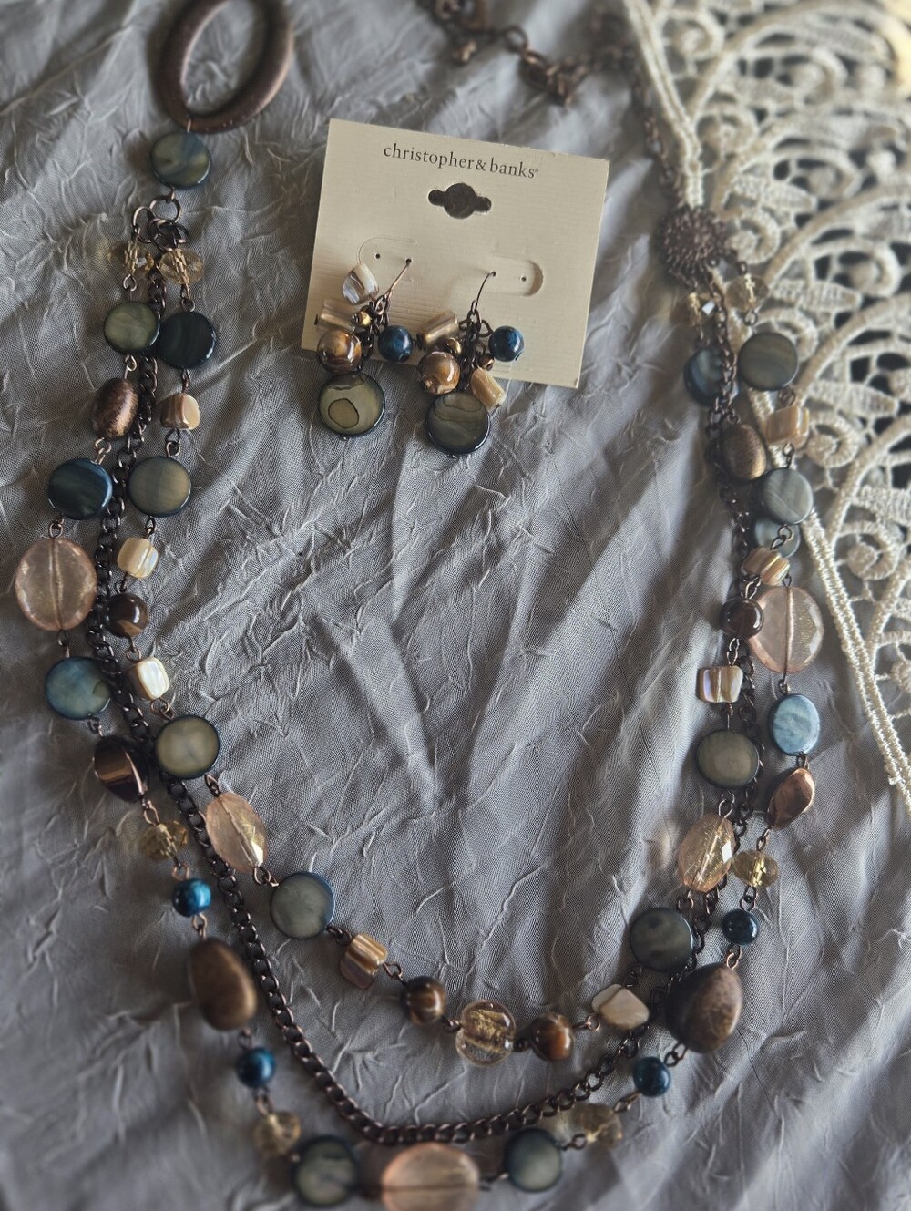 christopher & banks Multistrand Bead Necklace and Earring Set in Blue and Gold